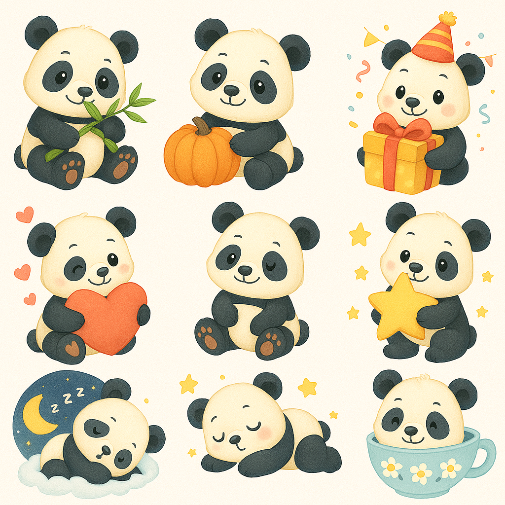24 Schattige Baby Panda Cliparts met Bamboe en Leuke Elementen